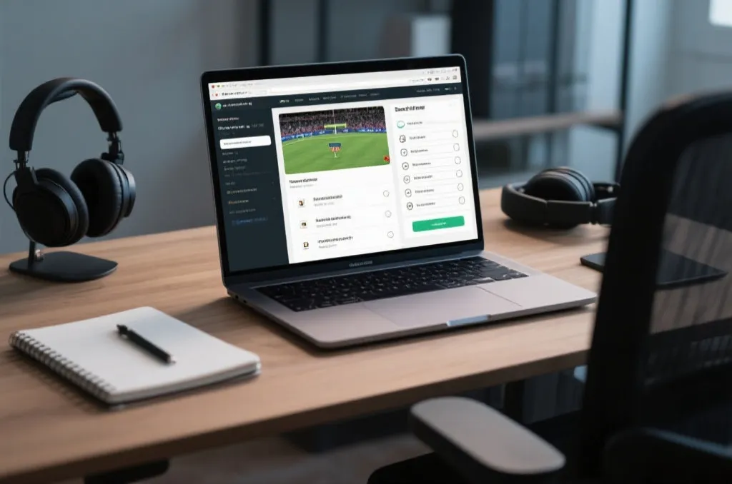 桌面上的笔记本电脑显示正规赛事页面与安全检查清单，氛围冷静专业